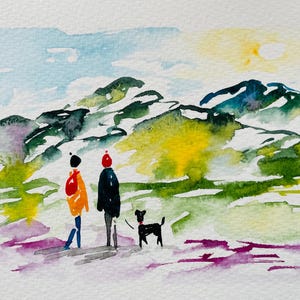 Kaart voor wandelaars, aquarel, wandelaars, wandelaars, wandelen, blanco, wenskaart, ik denk aan je, herinneringen, verjaardag