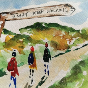 Continue andando Cartão de arte pintado à mão para caminhantes, aquarela, caminhantes, caminhantes, caminhando, em branco, cartão de felicitações, pensando em você, memórias