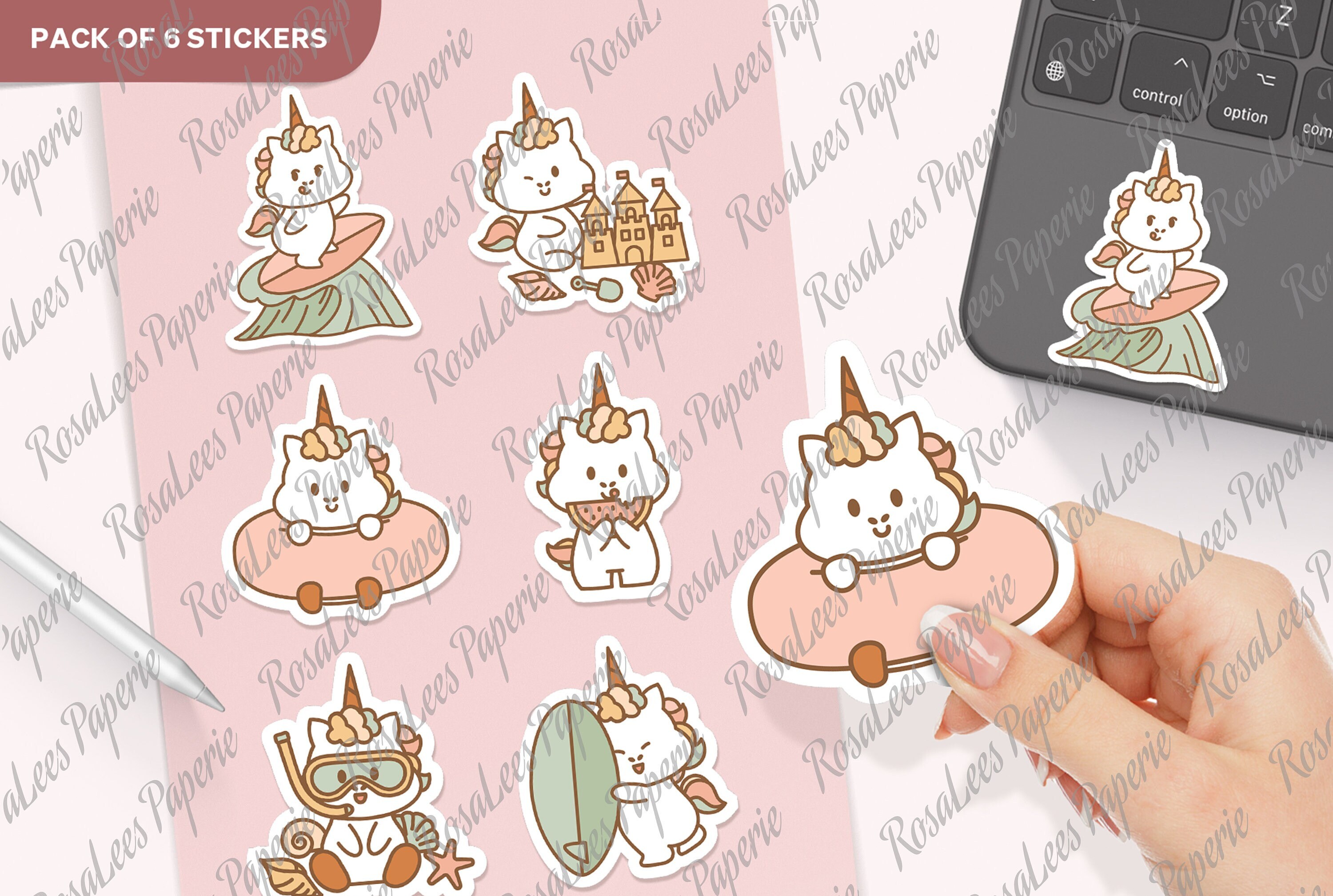 Cute Unicorn Summer Party Beach Sticker Set Sticker Sheet Sticker Pack ...