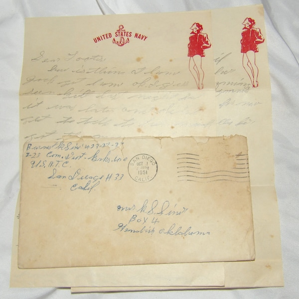 USN Navy Good Girl Art Sailor Girl Cheesecake 1951 Korea War Era 2 page Letter and Cover Military to Tootie