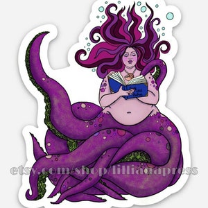 STICKER: Pink Octopus Mermaid, Mermaid Reading