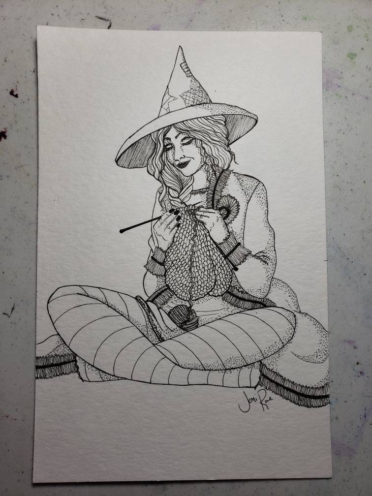 Knitting Witch Art Print Etsy