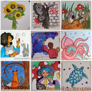 May include: A collection of nine watercolor paintings on square canvases. The artwork includes a bouquet of sunflowers, a moth-like figure, two mice with backpacks, a person blowing bubbles with a cat, a person painting a galaxy, an octopus, a fox in a forest, a person with a hat, and a sea turtle.