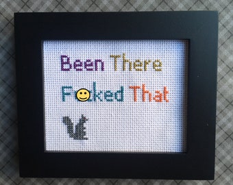 Been There F*cked That 5 x 4 inch finished cross stitch in black wood frame