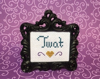 Twat MINI finished cross stitch in black or silver colored frame