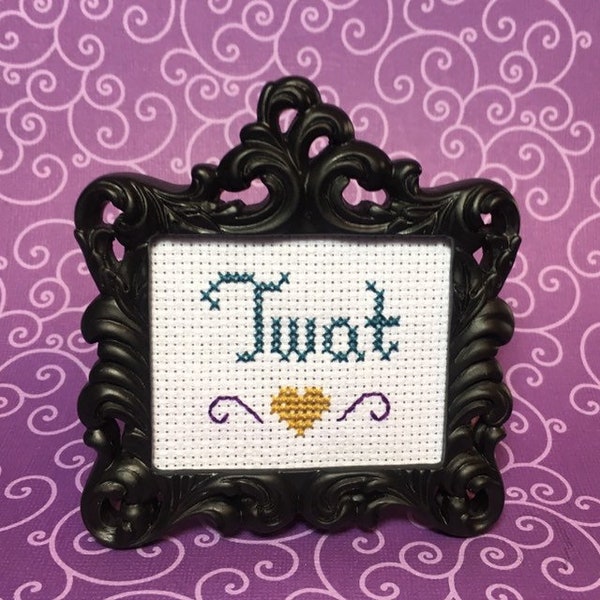 Twat MINI finished cross stitch in black or silver colored frame