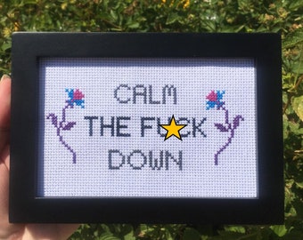 Calm The F*@k Down 4 x 6 Finished Cross Stitch in Black Frame