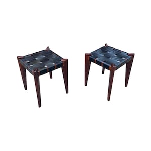 vintage mid century modern Edmund Spence pair of leather woven stools