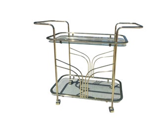 Vintage Mid century modern brass two tier barcart 1970s 70s glass serving cart