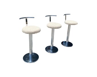 Vintage postmodern chrome boucle swivel Japanese modern counter barstools