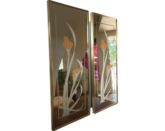 Vintage postmodern 1980s square wall mirror windsor brass Lilly’s flowers butterfly