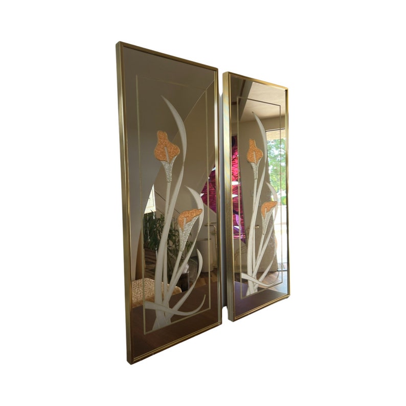 Vintage postmodern 1980s square wall mirror windsor brass Lillys flowers butterfly Bild 1