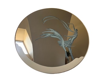 Vintage mid century postmodern circle mirror 1980s women greyhounds art deco