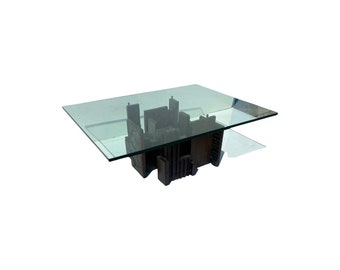 manner of Paul Evans large brutalist sculpted bronze and glass skyline coffee table 70s mid century modern