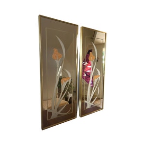 Vintage postmodern 1980s square wall mirror windsor brass Lillys flowers butterfly Bild 3