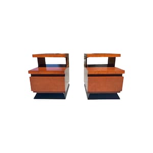 Pair Vintage Mid Century Modern Art Deco Burl Wood Nightstands Restored 1950s 1940s