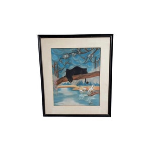 Vintage Mid century modern 1950s panther chalk painting wall art kitsch