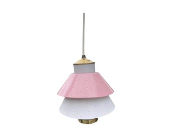 1950s coffee shop diner glass and metal UFO hanging lamp pink brass