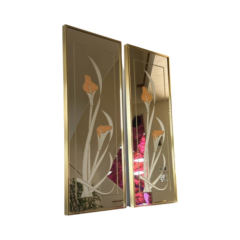 Vintage postmodern 1980s square wall mirror windsor brass Lillys flowers butterfly Bild 2