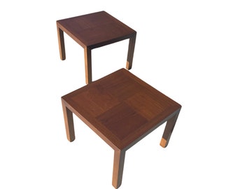 Vintage pair 1970s lane parsons parquetry walnut side end tables restored