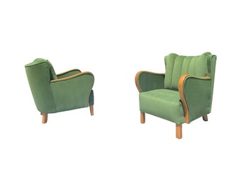 pair vintage 1940s beech wood art deco green mohair wingback arm chairs attributed to mogens lassen Danish restored tufted