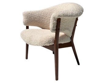 Vintage 1960s mid century danish modern walnut boucle accent chair restored in the style of nanna ditzel