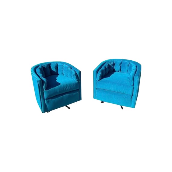 Mid Century Modern Pair Swivel Aqua Blue Barrel Chairs Velvet