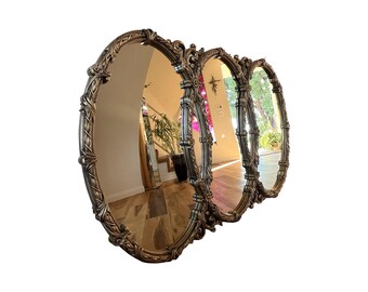 Vintage Triple Oval Ornate Gold Wall Mirror Hollywood Regency