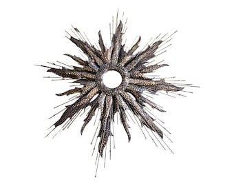 Vintage Brutalist Sunburst Mirror: Hammered Iron Mid Century Wall Art (61 Inch)