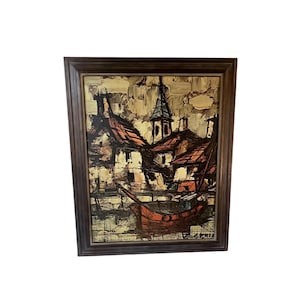 Mid-Century Modern Mediterranean Harbor Print: Signed B. Lenil, 1960s Canvas Art