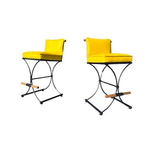 Vintage pair set of 2 mid century modern Inca barstools restored oak yellow black counter stools