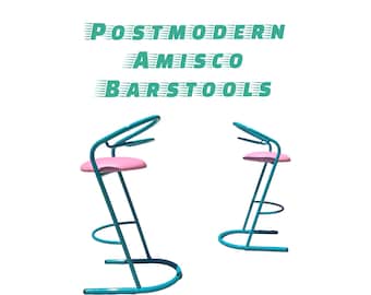 Vintage Amisco Barstools: Turquoise & Pink, 1980s Postmodern Set