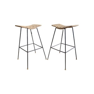 Pair vintage mid century boho modern California wrought iron paper cord woven barstools brass