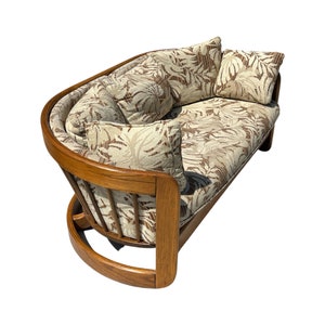 Vintage mid century 1970s postmodern love seat  barrel sofa Howard furniture oak boho 5500 group