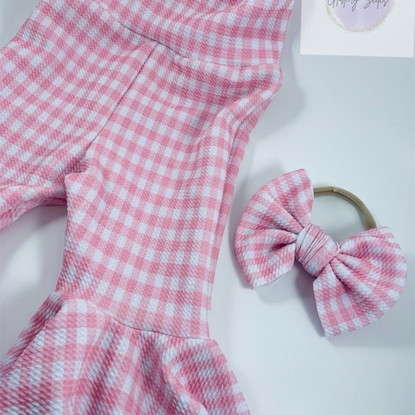 Pink and white gingham bell bottom pants with matching bow