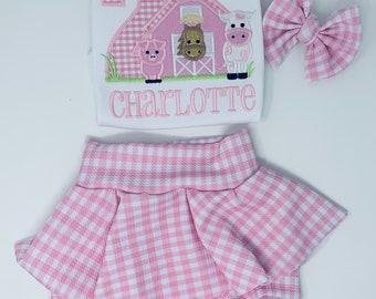 Girls Pink Farm Outfit with a Skirted Bummies and Matching Hairbow