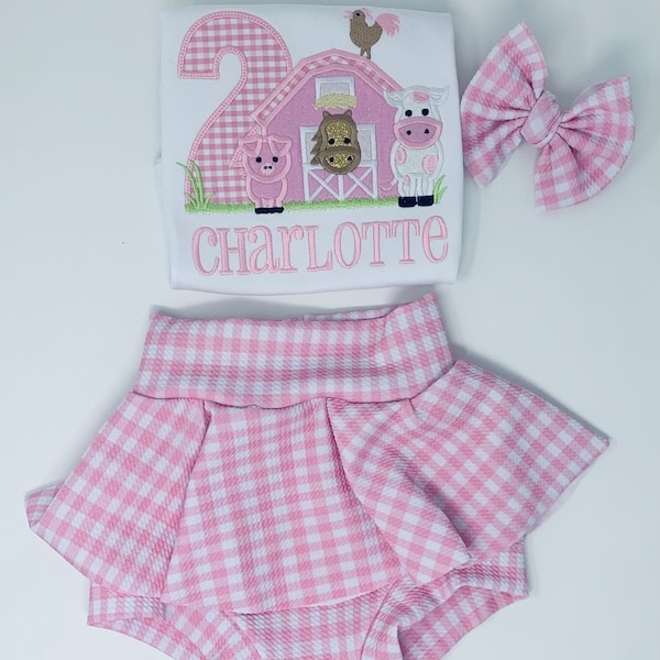 Girls Pink Farm Outfit with a Skirted Bummies and Matching Hairbow