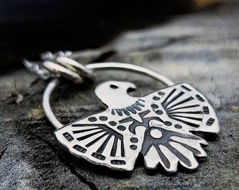 Sterling Silver Thunderbird Necklace Stamped Pendant Hawk Eagle Bird Necklace Spirit Animal Totem Jewelry Southwestern Jewelry