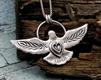 Silver Thunderbird Hawk Eagle Necklace, Phoenix Rising Spirit Animal Jewelry, Flying Bird Necklace, Feather and Heart Spiritual Jewelry