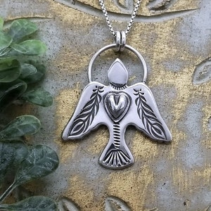 Silver Phoenix Rising Bird Necklace, Thunderbird Hawk Eagle Necklace, Navajo Aztec Spirit Animal Necklace, Feather Heart Spiritual Jewelry