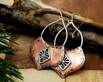 mixed metal jewelry | hammered copper earrings | boho jewelry | bohemian earrings | romantic jewelry | mixed metal earrings | long earrings