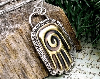 Mixed Metal Healing Hand Necklace Hamsa Hand Pendant Spiral Hand Hopi Hand Witch Jewelry Spiritual Jewelry Palmistry Open Hand Amulet