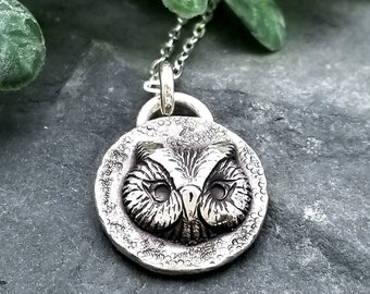 Handmade Silver Owl Necklace, Owl Charm Pendant, Cute Little Owl, Owl Face Necklace, Great Horned Owl, Screech Owl, Night Owl