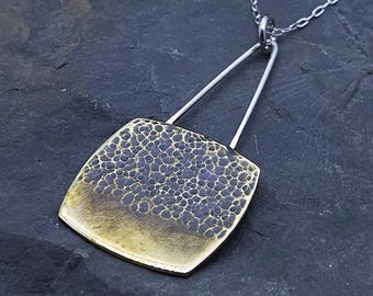 Big Hammered Mixed Metal Necklace for Everyday Wear, Simple Brass Pendant, Minimalist Gold and Silver Pendant, Handmade Jewelry Gift for Her