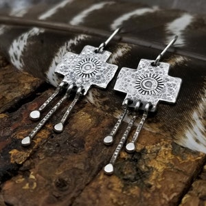 Long handmade silver southwestern cross earrings with fringe, Bold hammer textured earrings with sun symbol, Trendy cowgirl accessories