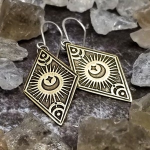 Brass celestial moon and sunburst earrings, Geometric moon phase earrings, Magical witchy jewelry, Dark academia goth witchcraft jewelry