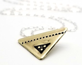 brass triangle necklace, mixed metal jewelry, geometric jewelry, layering necklace, minimalist jewelry, mixed metal choker necklace