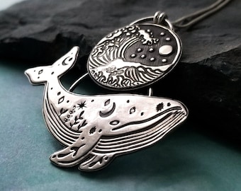 Handmade Silver Celestial Humpback Whale Statement Necklace, Summer Beach Ocean Jewelry, Nature Animal Lover Pendant, Moon Stars Tidal Wave