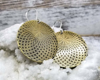 Big Brass Circle Earrings, Sacred Geometry Jewelry, Geometric Jewelry, Flower of Life, Seed of Life, Torus Yantra, Meditation Yoga Jewelry