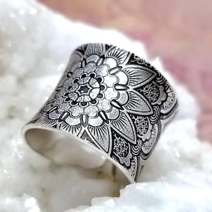 Mandala Ring | Lotus Ring | Bohemian Ring | Lotus Jewelry | Cuff Ring | Mandala Jewelry | Bohemian Jewelry | Silver Ring | Anticlastic Ring